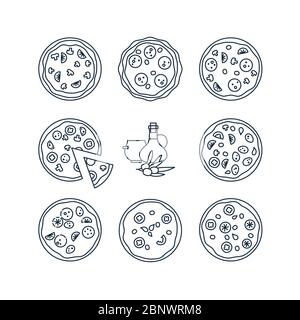 Icone della linea pizza. Pizza monocromatica diversa per illustrazione vettoriale menu pizzeria Illustrazione Vettoriale
