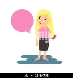 Illustrazione cartoon, donna bionda in blusa rosa che ascolta musica con cuffie e telefono. Illustrazione di Vcetor Illustrazione Vettoriale