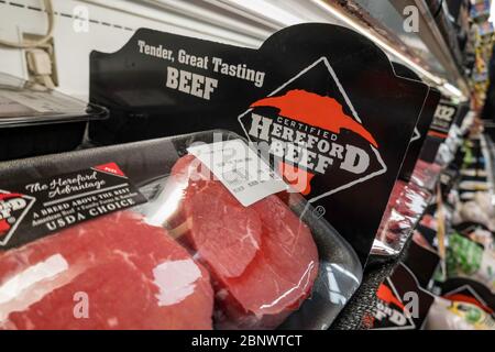 Hereford Brand Steaks in the Meat Case , Negozio di alimentari, New York, USA Foto Stock