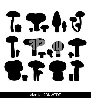 Vector funghi silhouette nere isolate su sfondo bianco Illustrazione Vettoriale