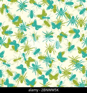 Motivo senza cuciture per cuscino con turquouse e silhouette di insetti verdi. Illustrazione vettoriale Illustrazione Vettoriale