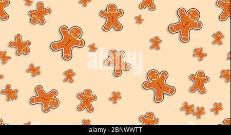 Biscotti di Natale sorridenti pan di zenzero su sfondo chiaro, modello senza giunture progettato per la stampa tessile. Foto Stock