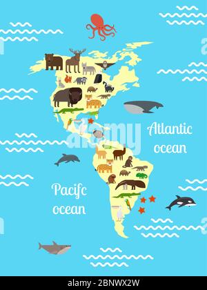 Mappa del mondo degli animali per bambini. Illustrazione vettoriale per il Sud e il Nord America Illustrazione Vettoriale