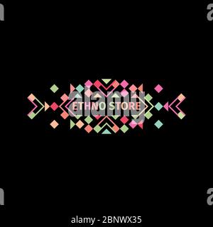 Logo tribale colorato con forme geometriche. Etno store iscrizione vettore illustrazione Illustrazione Vettoriale