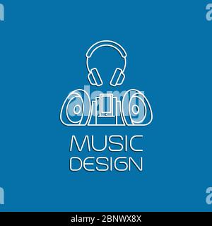 Design musicale con registratore e auricolare con logo vettoriale sottile Illustrazione Vettoriale