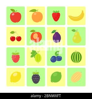 Set di icone di frutta in stile piatto per il design dei giochi. Illustrazione vettoriale Illustrazione Vettoriale