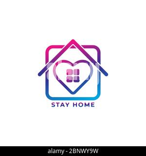 Logo Stay Home colorato isolato su sfondo bianco. Casa e cuore illustrò la protezione e l'amore. Arrestare la diffusione del coronavirus. Illustrazione Vettoriale