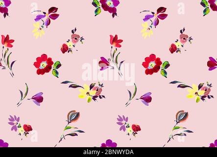 Motivo senza cuciture con fiori su sfondo rosa. Cerotto per stampe tessili in tessuto. Foto Stock