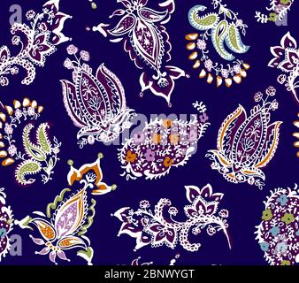 Modello astratto di paisley etnico senza cuciture con colori navy. Design decorativo, pronto per stampe tessili. Foto Stock