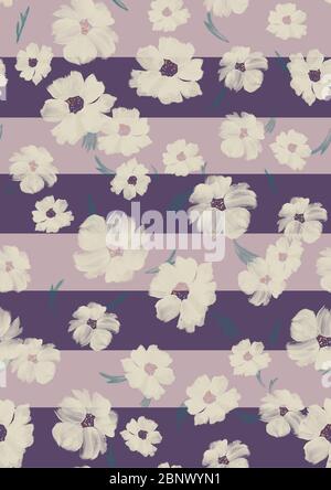 Motivo senza cuciture acquerello con fiori e foglie su strisce. Illustrazione dipinta a mano di acquerello su sfondo foderato. Foto Stock