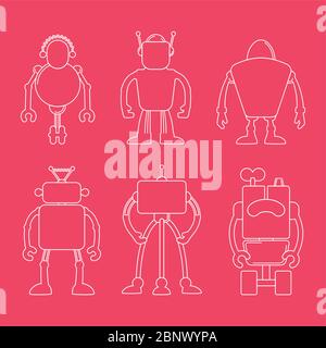 Icona del robot carino line art impostata sull'illustrazione vettoriale di sfondo rosa Illustrazione Vettoriale