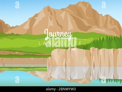 Percorso vettoriale realistico orizzontale sfondo. Montagne, foreste e lago Illustrazione Vettoriale