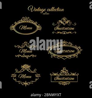 Vignette calligrafiche dorate per menu e fiorisce cornici per l'invito al matrimonio. Illustrazione vettoriale Illustrazione Vettoriale