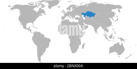 Il Kazakistan ha evidenziato il blu sulla mappa politica mondiale. Sfondo grigio. Concetti e background aziendali. Illustrazione Vettoriale