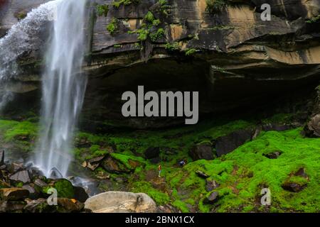 MANALI, INDIA - 14 LUGLIO 2018 : Cascate di Jogni a Vashisht, Manali, India. Un paio di persone prova a salire all'interno della grotta di questa maestosa cascata, 5K Foto Stock