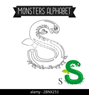 Pagina da colorare mostri alfabeto per bambini. Illustrazione del vettore lettera S. Illustrazione Vettoriale