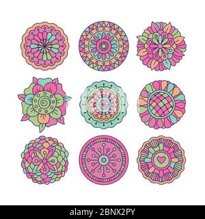 Doodle colorato disegnato a mano elementi floreali rotondi. Immagine vettoriale Illustrazione Vettoriale