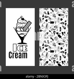 Gelato bianco e nero volantino verticale con un motivo carino. Illustrazione vettoriale Illustrazione Vettoriale