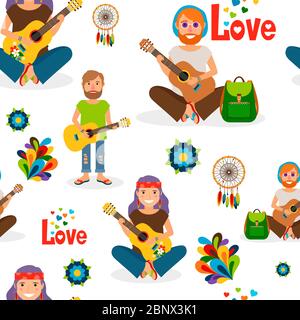 Persone hippie con chitarra senza cuciture pattern. Illustrazione vettoriale Illustrazione Vettoriale