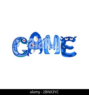 Blue Monsters lettere in parola gioco isolato su bianco. Illustrazione vettoriale Illustrazione Vettoriale
