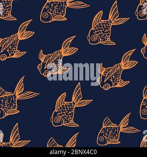 Senza cuciture motivo pesce dorato contorno arancione icona pesce dorato in angoli diversi vettore piatto illustrazione su sfondo blu Illustrazione Vettoriale