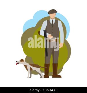 Hunter e il suo cane, illustrazione vettoriale su sfondo bianco Illustrazione Vettoriale