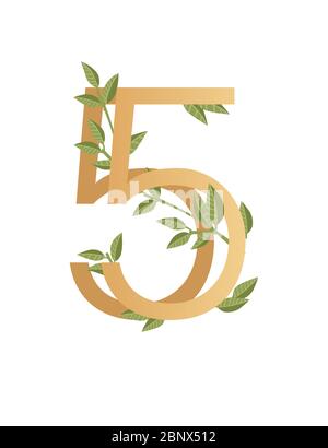 Numero 5 con colore beige in stile sfumato coperto da foglie verdi eco font immagine vettoriale piatta isolato su sfondo bianco Illustrazione Vettoriale