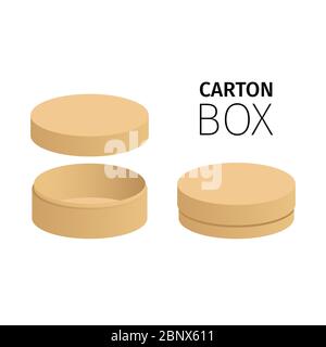 Confezione scatola circolare in cartone. Aperto e chiuso. Elementi piatti vettoriali isolati su bianco Illustrazione Vettoriale