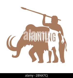 Modello logo di caccia. Antico uomo caccia mammut con lancia, vettore isolato Illustrazione Vettoriale
