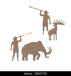 Sagome di uomo antico e animali, mammut e cervi, vettore isolato per il design del logo Illustrazione Vettoriale