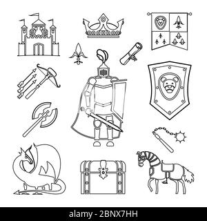 Knighthood in Medio Evo linea icone d'arte. Antiche armature medievali e stemma, cavaliere e casco vettoriali segni di contorno Illustrazione Vettoriale