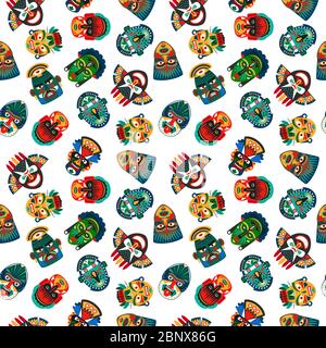 Maschere tribali colorate motivo senza cuciture con sfondo bianco. Illustrazione vettoriale Illustrazione Vettoriale