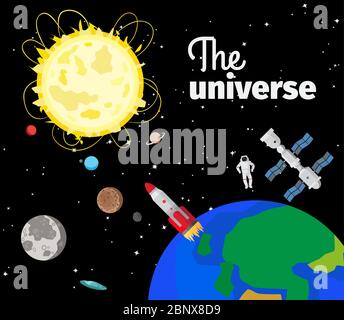 L'universo nello spazio esterno con sole e pianeti e razzi. Illustrazione vettoriale Illustrazione Vettoriale