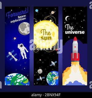 Spazio tema volantini verticali con astronauta galleggianti nello spazio, pianeti, razzi e stelle. Illustrazione vettoriale Illustrazione Vettoriale