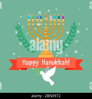 Felice hanukkah carta quadrata con le candele e l'uccello del menorah. Illustrazione vettoriale Illustrazione Vettoriale