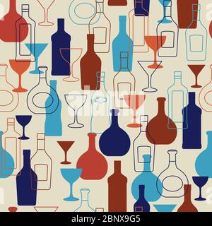 Bar sfondo colorato con bottiglie e bicchieri di vino. Illustrazione vettoriale Illustrazione Vettoriale