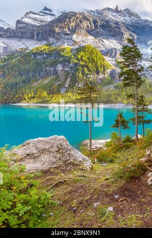Panorama autunnale del lago Oeschinensee o Oeschinen e delle Alpi svizzere nei pressi di Kandersteg, Svizzera Foto Stock