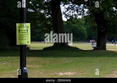 Southampton, Hampshire, Regno Unito. 16 Maggio 2020, avviso pubblico allegato al lampione su Southampton Common, che spiega le leggi sociali del coronavirus distancinging, Southampton, Hampshire, UK Credit: Dawn Fletcher-Park/Alamy Live News Foto Stock