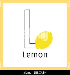 Carta educativa per bambini con frutta al limone e lettera L per colorazione, illustrazione vettoriale Illustrazione Vettoriale
