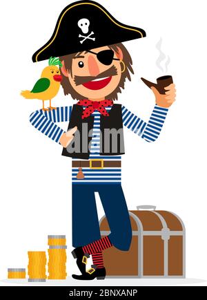 Personaggio pirata sorridente con pappagallo, pipe, cassa di tesoro e monete isolate su sfondo bianco. Illustrazione vettoriale Illustrazione Vettoriale