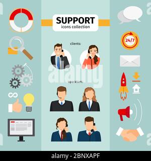 Raccolta di icone dei servizi di assistenza su sfondo blu. Illustrazione vettoriale Illustrazione Vettoriale