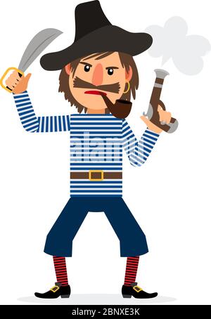 Personaggio dei cartoni animati pirati, fumando pipe e tenendo spada e pistola. Icona vettore su sfondo bianco Illustrazione Vettoriale