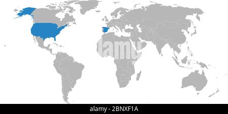 Spagna, Stati Uniti, paesi evidenziati in blu sulla mappa del mondo. Relazioni economiche e commerciali. Illustrazione Vettoriale
