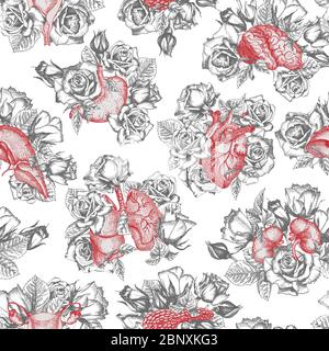 Modello senza cuciture icona realistica disegnata a mano di organo interno umano con rose bouquet su lavagna e cornice floreale. Stile di incisione dello schizzo. Design Illustrazione Vettoriale