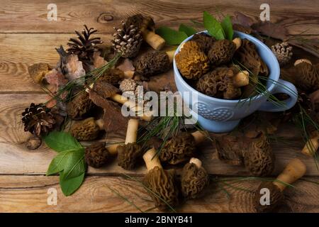 Ciotola rustica blu con foresta selvaggia che raccoglie funghi porcini su sfondo di legno. Cibo sano vegetariano concetto Foto Stock