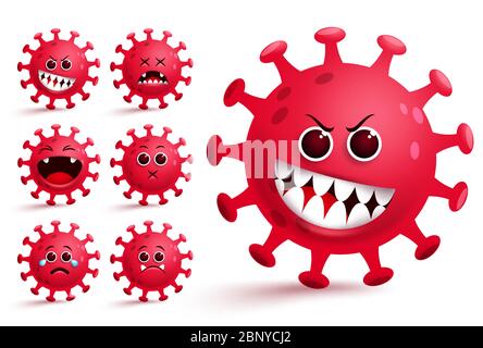 Corona virus covid-19 emoji smileys insieme vettoriale. Covid-19 emoji ed emoticon con un'espressione facciale malvagità rossa ed emozioni per una pandemia globale. Illustrazione Vettoriale