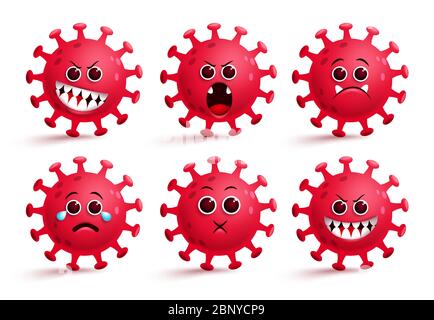 Set vettoriale per emoji Coronavirus Covid-19. Covid-19 virus corona smileys emoji ed emoticon con sorpresa, arrabbiato e spaventoso espressioni per i batteri ncov. Illustrazione Vettoriale