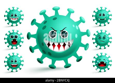 Insieme di vettori emojis del virus corona. Green covid-19 coronavirus emoticon e emoticon smiley con spaventosa espressione facciale per la collezione di cartone pandemico. Illustrazione Vettoriale