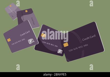 Cinque carte di credito in vari colori galleggiano attraverso l'aria in questa immagine. Questa è un'illustrazione vettoriale. Illustrazione Vettoriale