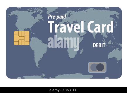 Ecco una Travel Card prepagata con un design di mappa mondiale. Si tratta di un'illustrazione vettoriale. Illustrazione Vettoriale